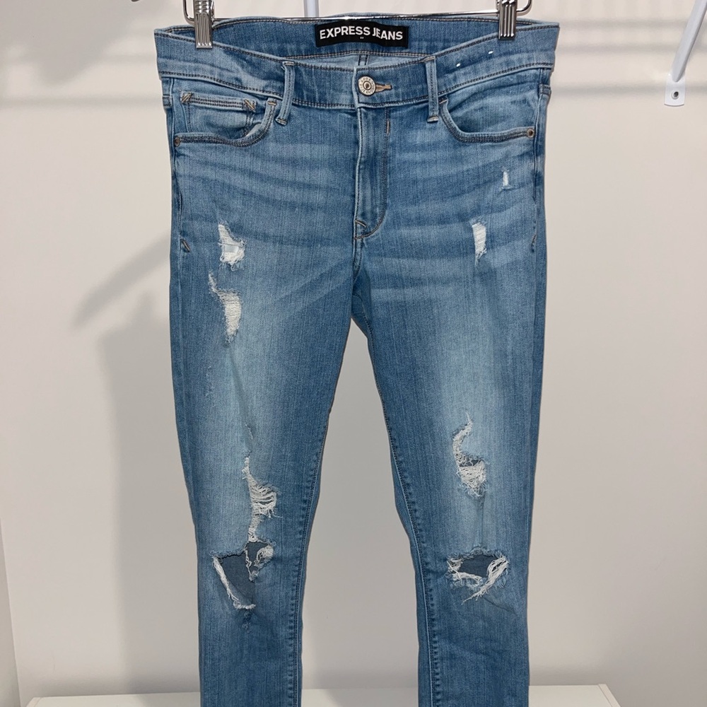 Express Blue Mid Rise Skinny Ankle Legging Jeans with Distressed Details - Size8
